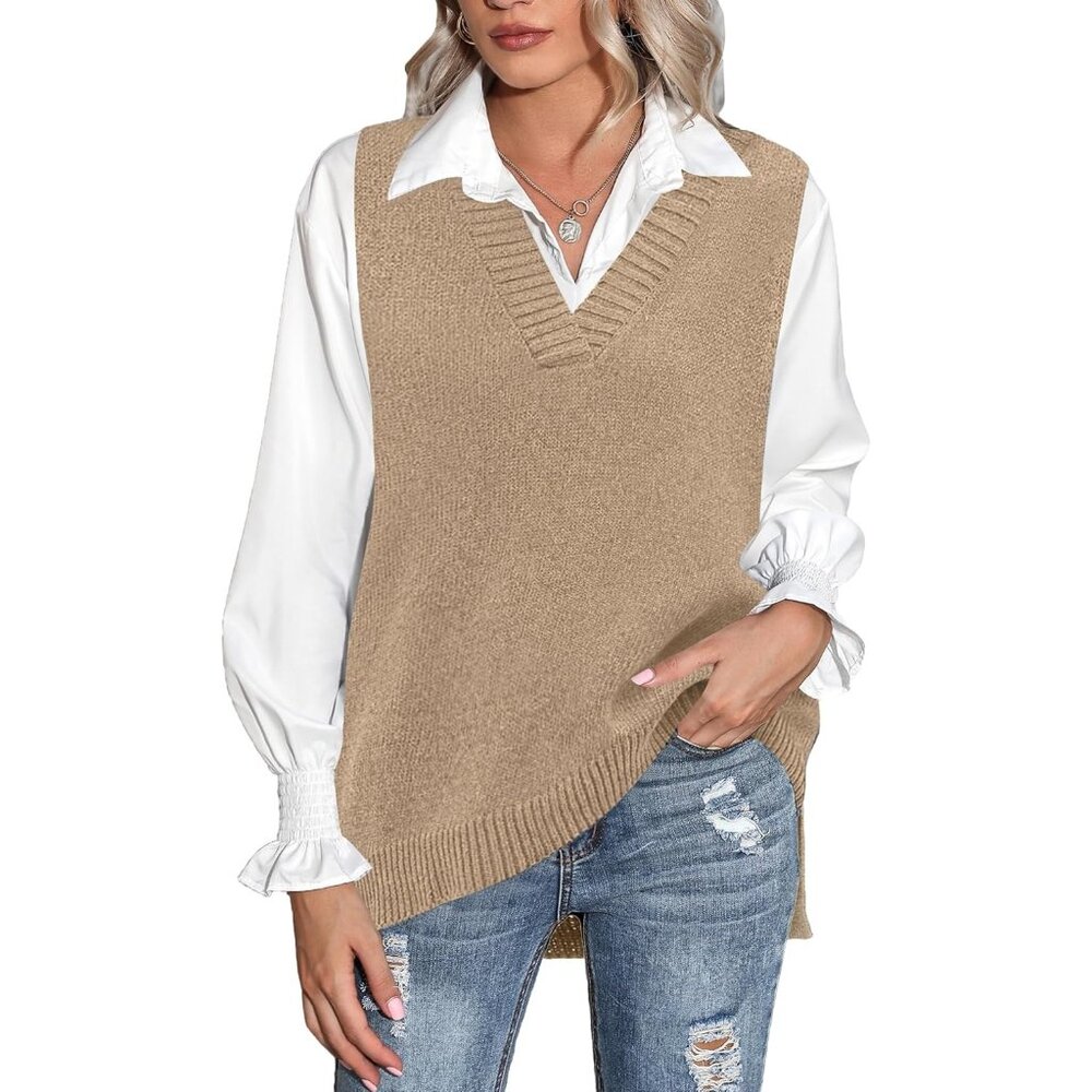 Women Camel Sweater Vest Sleeveless V Neck Oversized Knitted Pullover Fall